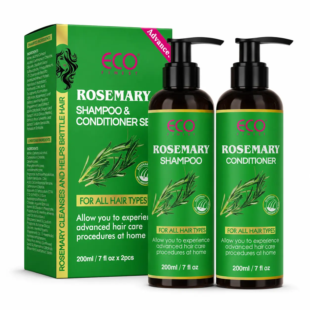 ECO Finest Keratin-Containing Rosemary & Peppermint Shampoo and Conditioner 2-Piece Set for Men & Women, Restores Damaged Hair, Strengthens Strands, Controls Frizz & Boosts Shiny Hair, Restore, 2 Piece Sets