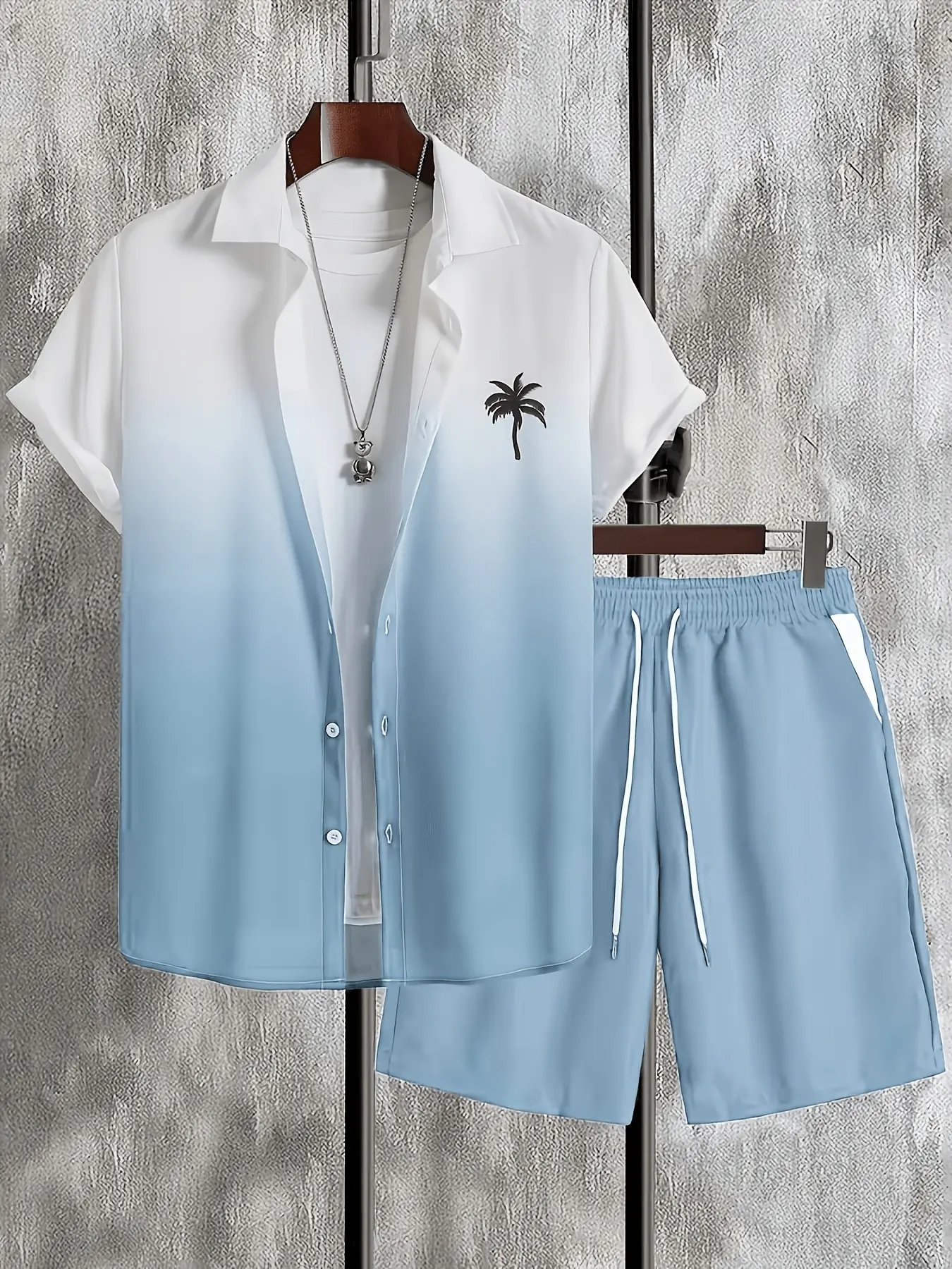 Men's Gradient Fashion Set, Casual Style Set, Summer Tropical Casual Shirt + Solid Shorts, Sleeve, Soft Material, Fitted, Breathable, Beach Vacation, Daily Wear (Recommend ordering one size up)
