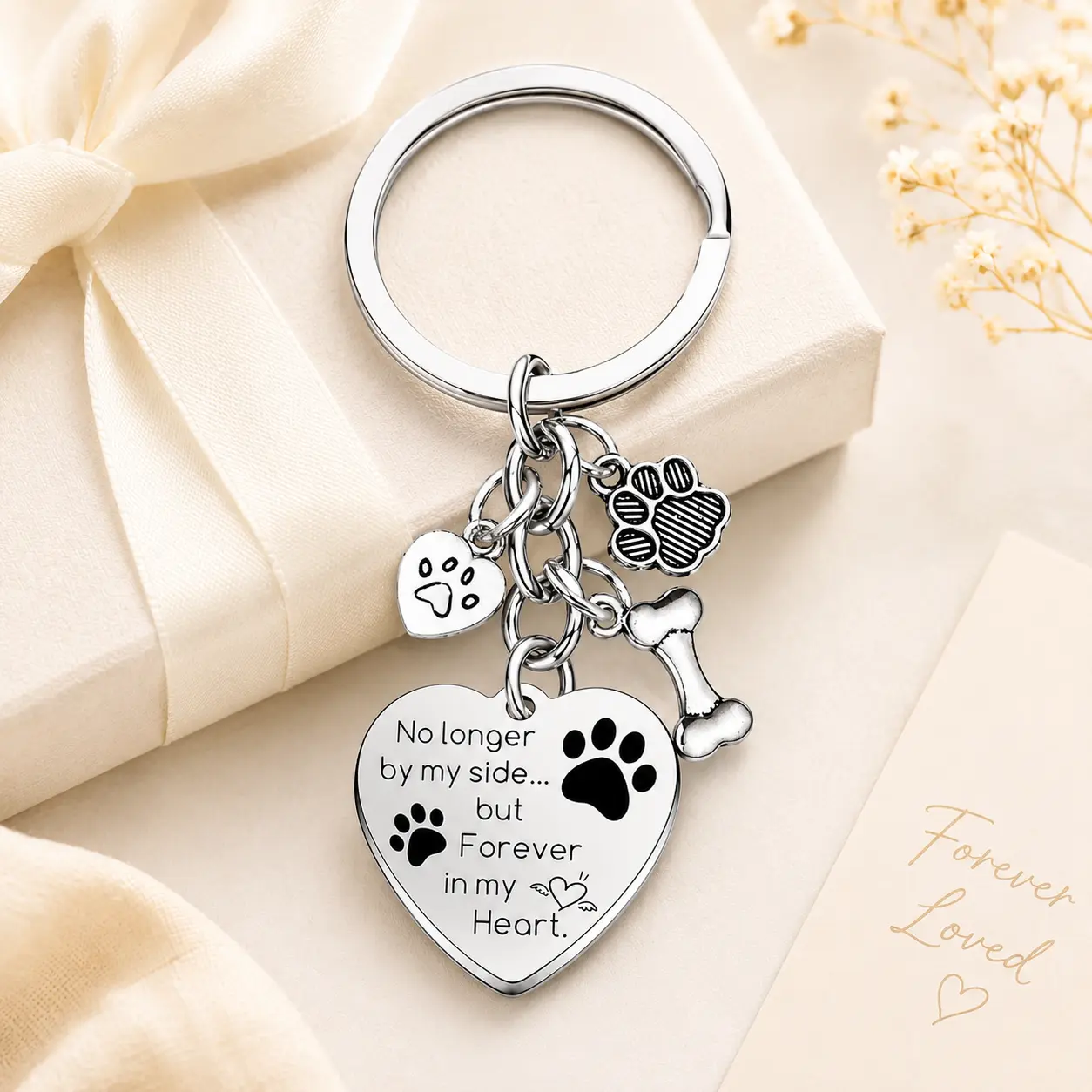 Pet Memorial Keychain,“Forever in My Heart” Paw Print keychain with Bone & Heart Charms, Dog Loss Remembrance Gift for Pet Lovers