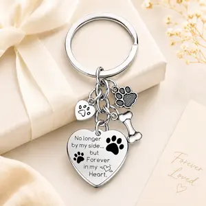 Pet Memorial Keychain,“Forever in My Heart” Paw Print keychain with Bone & Heart Charms, Dog Loss Remembrance Gift for Pet Lovers