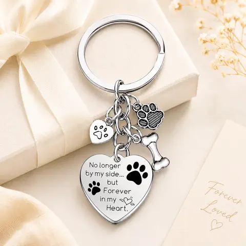 Pet Memorial Keychain - Durable Fade-Resistant Alloy with Symbolic Paw, Bone Charms, Smooth Heart Pendant, Engraved "Forever in My Heart" Commemorative Gift for Pet Lovers, Perfect Bag & Key Accessory
