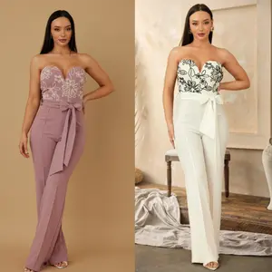 FLOWER STRING PATTERN JUMPSUIT - CURVED PLUNGING CHEST LINE - STRAPLESS - ADJUSTABLE TIE WAIST BELT - ZIPPER ON THE BACK - RED - CASUAL FASHION