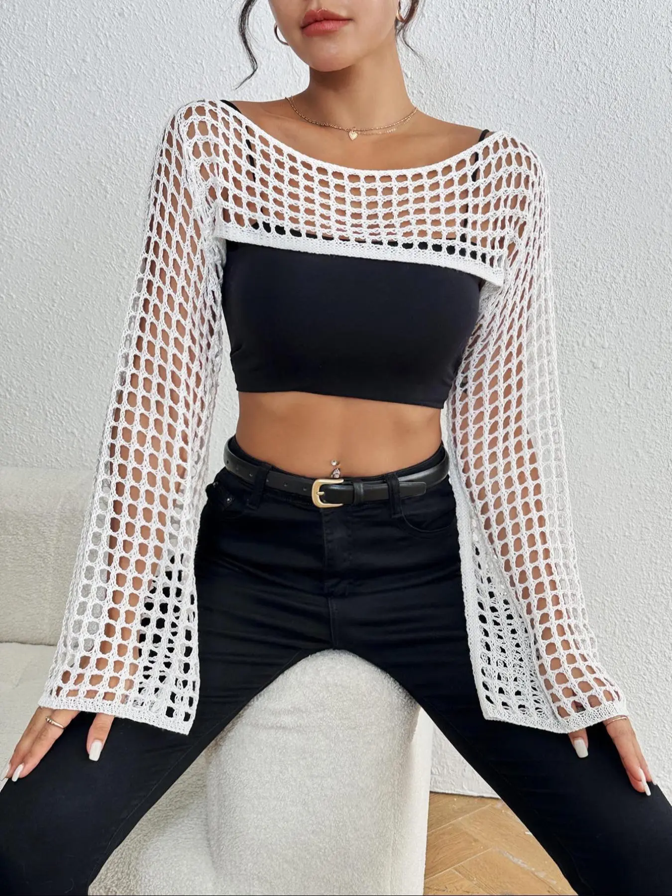 Women's Solid Color Fishnet Crop Cover Up Top, Casual Long Sleeve Open Front Top for Beach Vacation Summer Coverup, Ladies Clothes for All Seasons