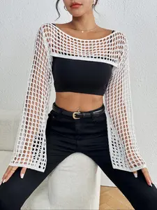 Women's Solid Color Fishnet Crop Cover Up Top, Casual Long Sleeve Open Front Top for Beach Vacation, Ladies Clothes for All Seasons