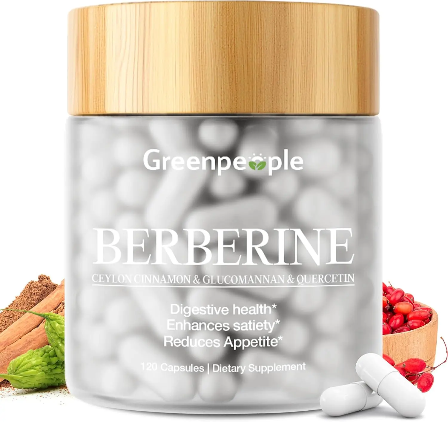 GREENPEOPLE Berberine 1500mg Supplement with Ceylon Cinnamon - Vegan 120 CT | Berberine HCL Activates AMPK & GLP-1 with Bitter Melon, Quercetin & Natural Herbs for Immune Support/Energy Gentle Women Men