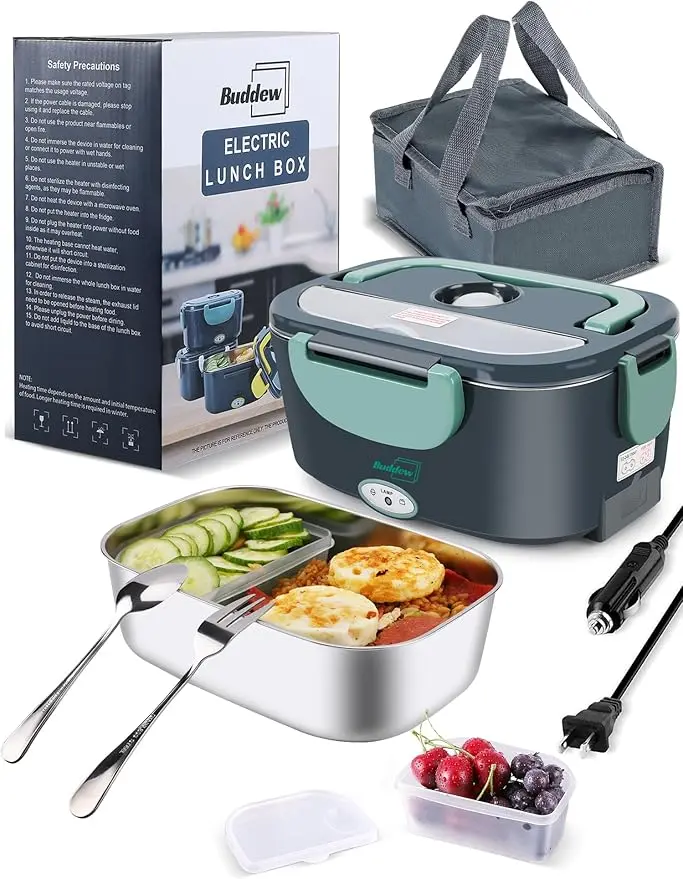 Electric Heated Lunch Box, 80W Fast Heating, 1.5L Food-Grade 304 Stainless Steel, 12V/24V/110V Portable Food Warmer for Car Truck Office Adults, Lonchera Electrica Portatil (Green)