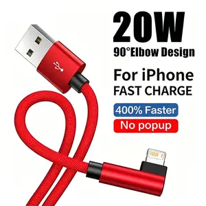 90 Degree Right Angle Elbow Design Quick Charge Cable for iPhone 11 12 13 Mini 14 Pro Max X XR XS Max 7 8 14 Plus Braided Fabric Wire Fast Charging USB Data Sync Cable