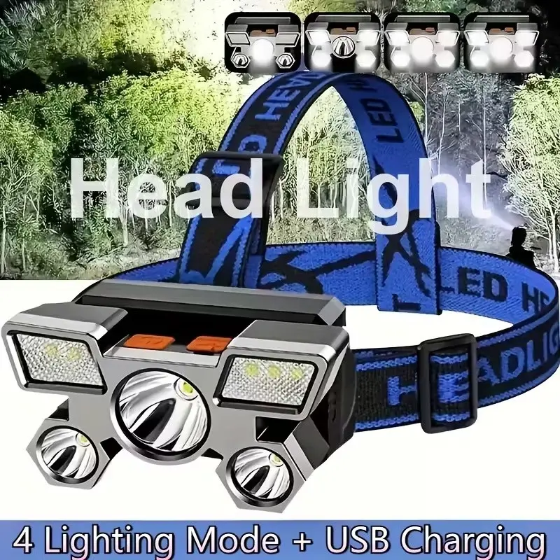 Bright LED Headlamp USB Rechargeable, Five-Head Aircraft Light, Outdoor Mining Lamp, Ideal for Hiking, Camping, Night Fishing