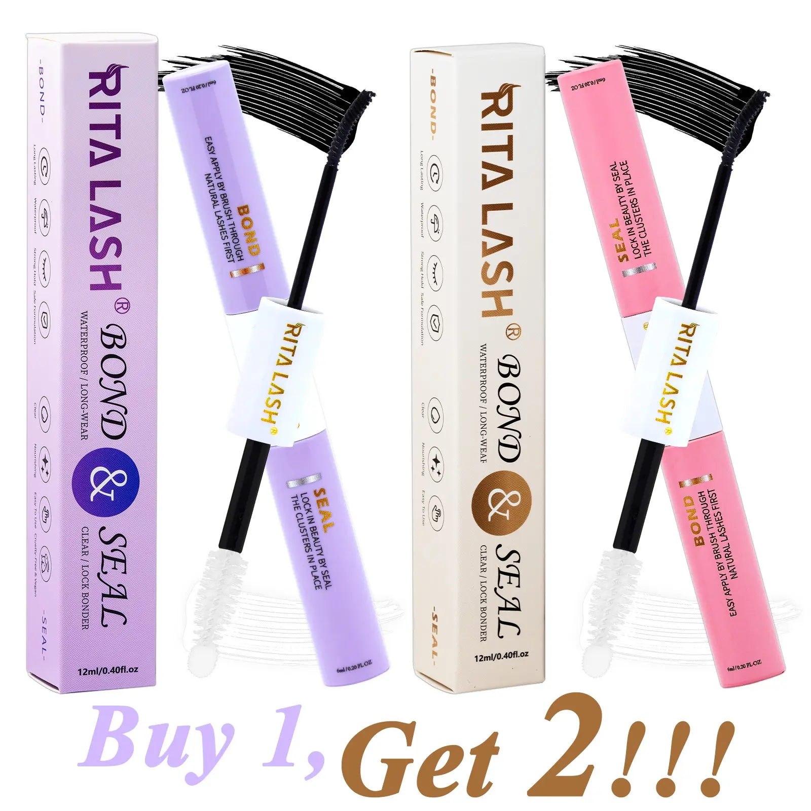 RITALASH Cluster Glue, False Eyelash Adhesive, Lash Bond and Seal Waterproof Eyelash Fixer for DIY Eyelash Extensions, 2-in-1 Bond and Seal Strong Hold Cluster Eyelash Glue for Individual Eyelashes Latex Free (Black+Clear)