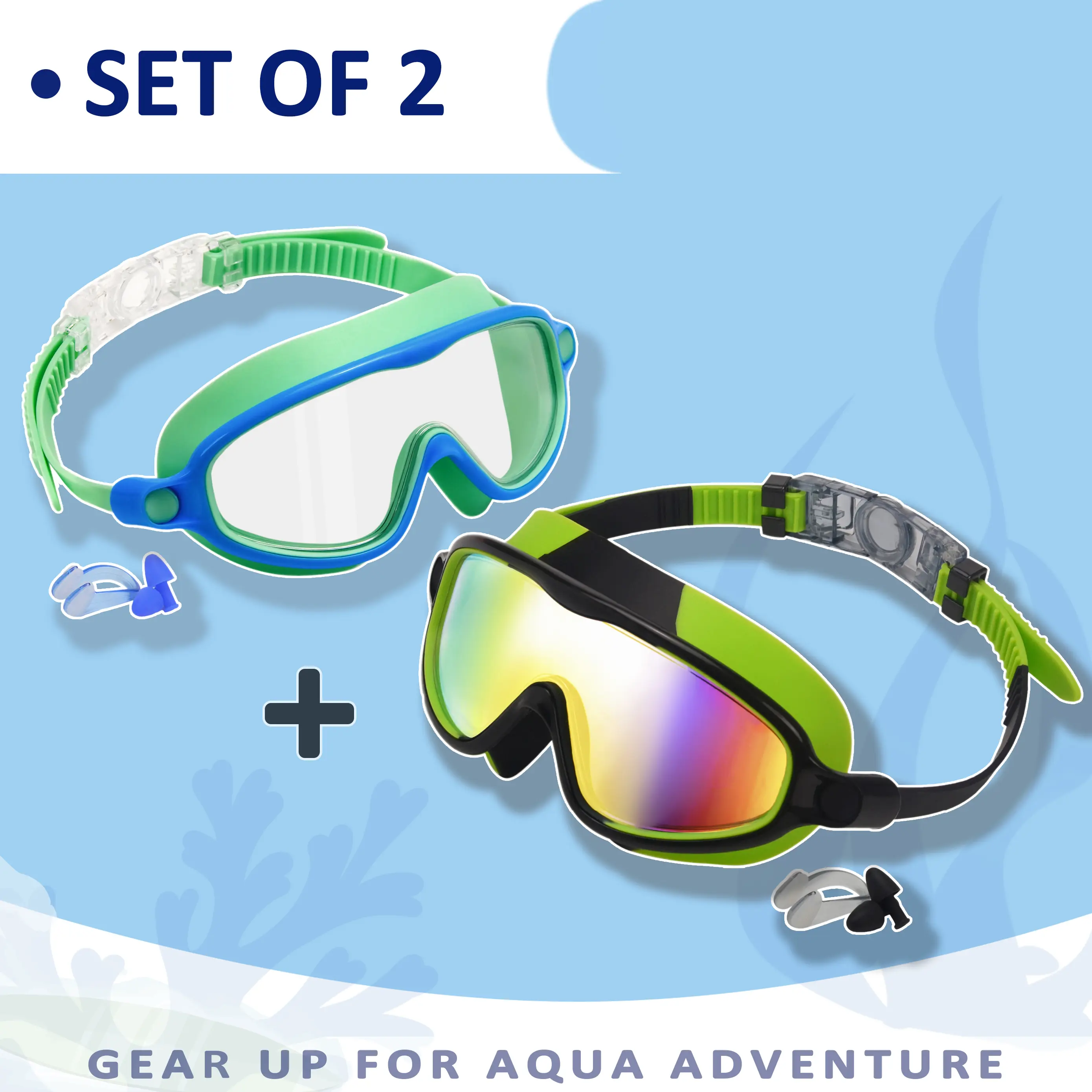 Kids 2PCS Fog-Free Leak-Proof Wide-Vision Swim Glasses Set - Anti-Fog Water Goggles with Earplugs & Nose Clip for Boys & Girls
