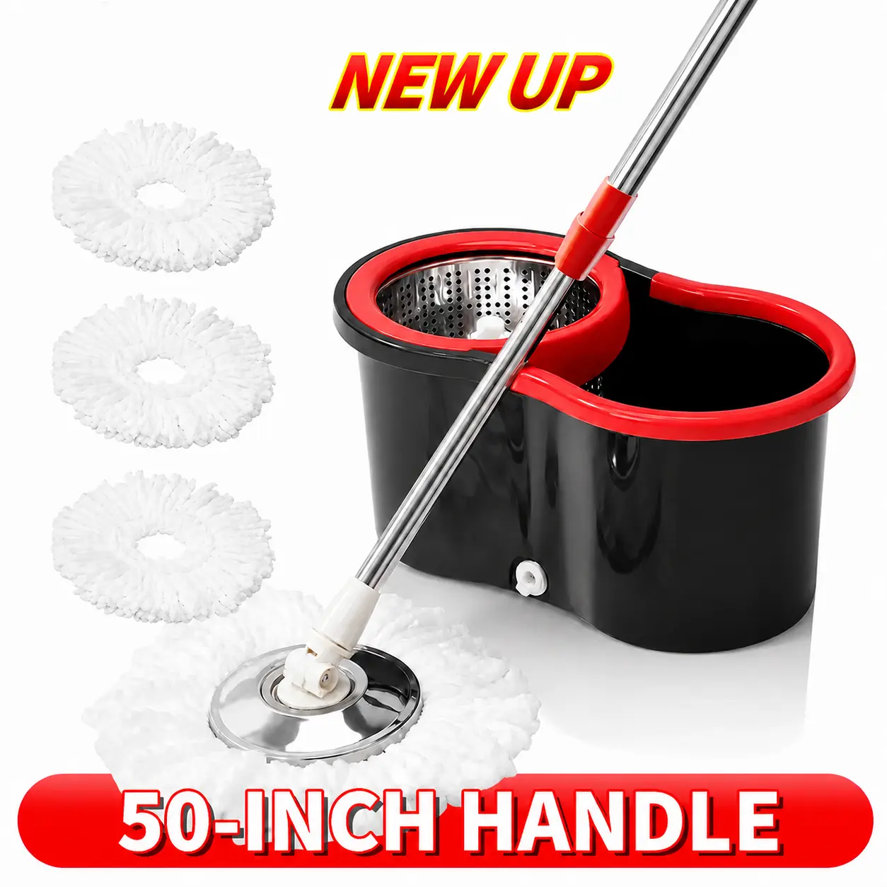 Mop bucket set with a 360° spinning mop and bucket system, 3 microfiber heads, 48-inch adjustable handle, efficient cleaning supplies, mop replacement set