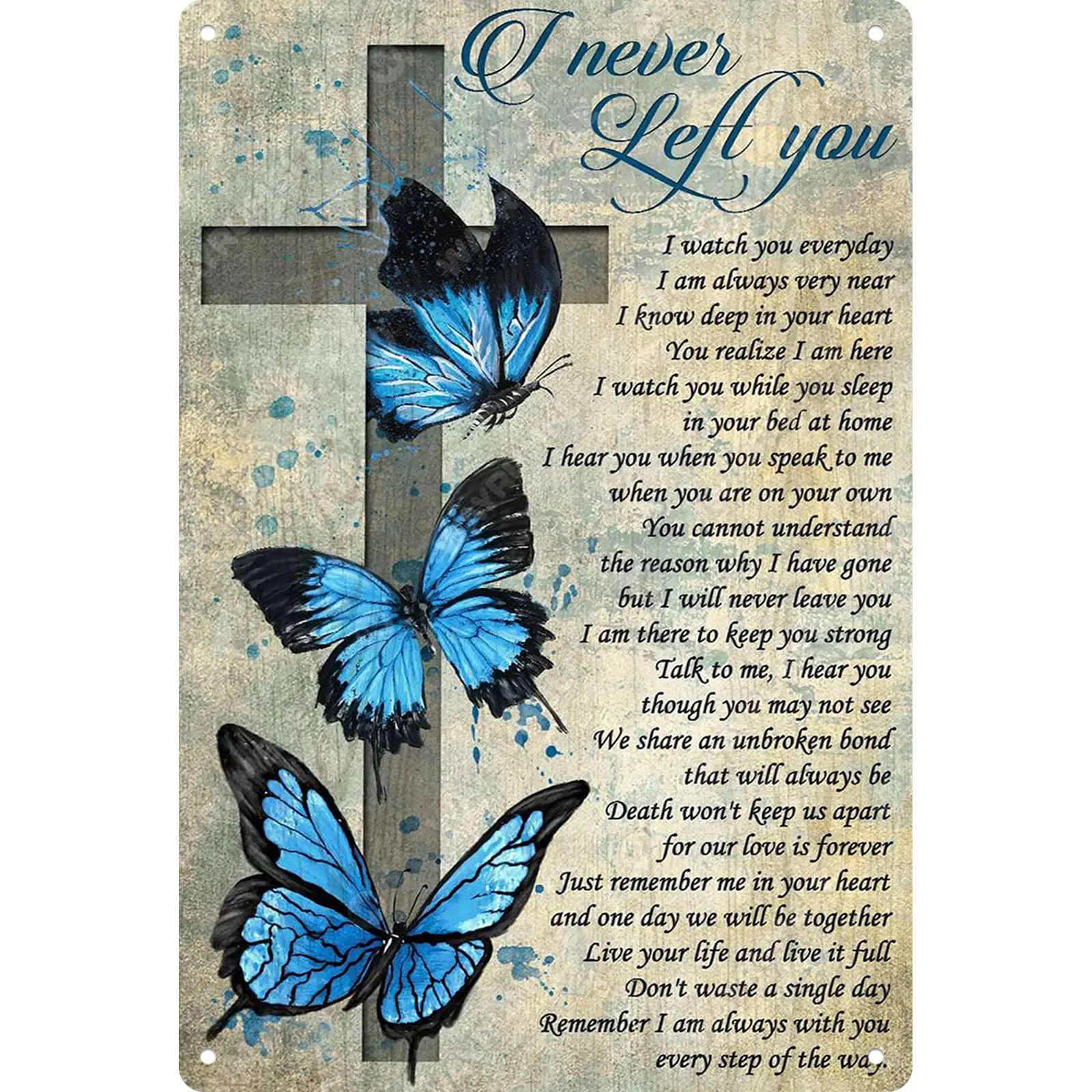 8x12 in Metal Commemorative Aluminium Memorial Plaque Sign - Heartfelt Loved Ones Tribute, Blue Butterflies & Cross, Retro Look, Daily Indoor Home Decor, Engraved Speciality Plaques & Signs