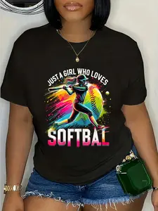100% Cotton Unisex Just A Girl Who Loves Softball Round Neck Short Sleeve T-Shirt Women's Men Graphic Tee