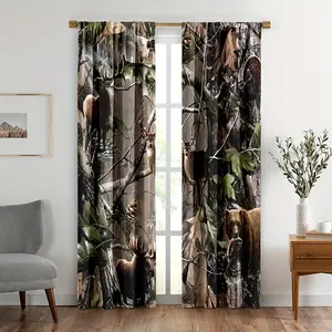 2pcs Camo Tree Curtains Home Decor, Forest Camouflage Wildlife Moose Deer Bear Rod Pocket Drapes Window Curtain for Bedroom Living Room