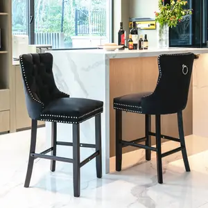 [Bellemave]Contemporary Velvet Upholstered Barstools with Button Tufted Decoration and Wooden Legs, and Chrome Nailhead Trim, Leisure Style Bar Chairs,Bar stools, Set of 2 (Black),SW2002BK