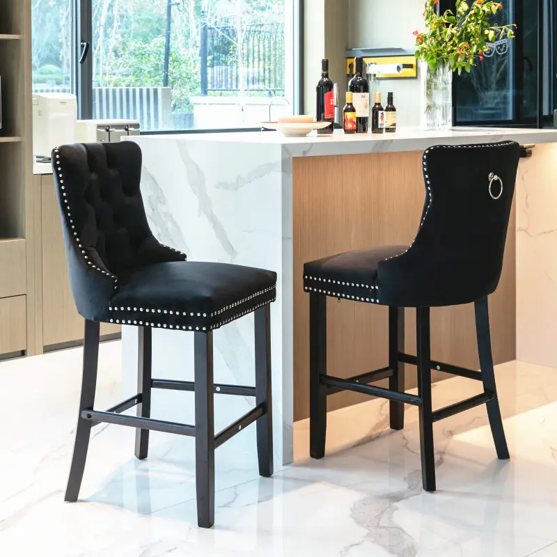 Bar Stools Set of 2, Velvet 27" Counter Height Stools with Button Tufted Back, Rivet Trim Bar Chairs for Kitchen Island Wood Frame Legs, Black