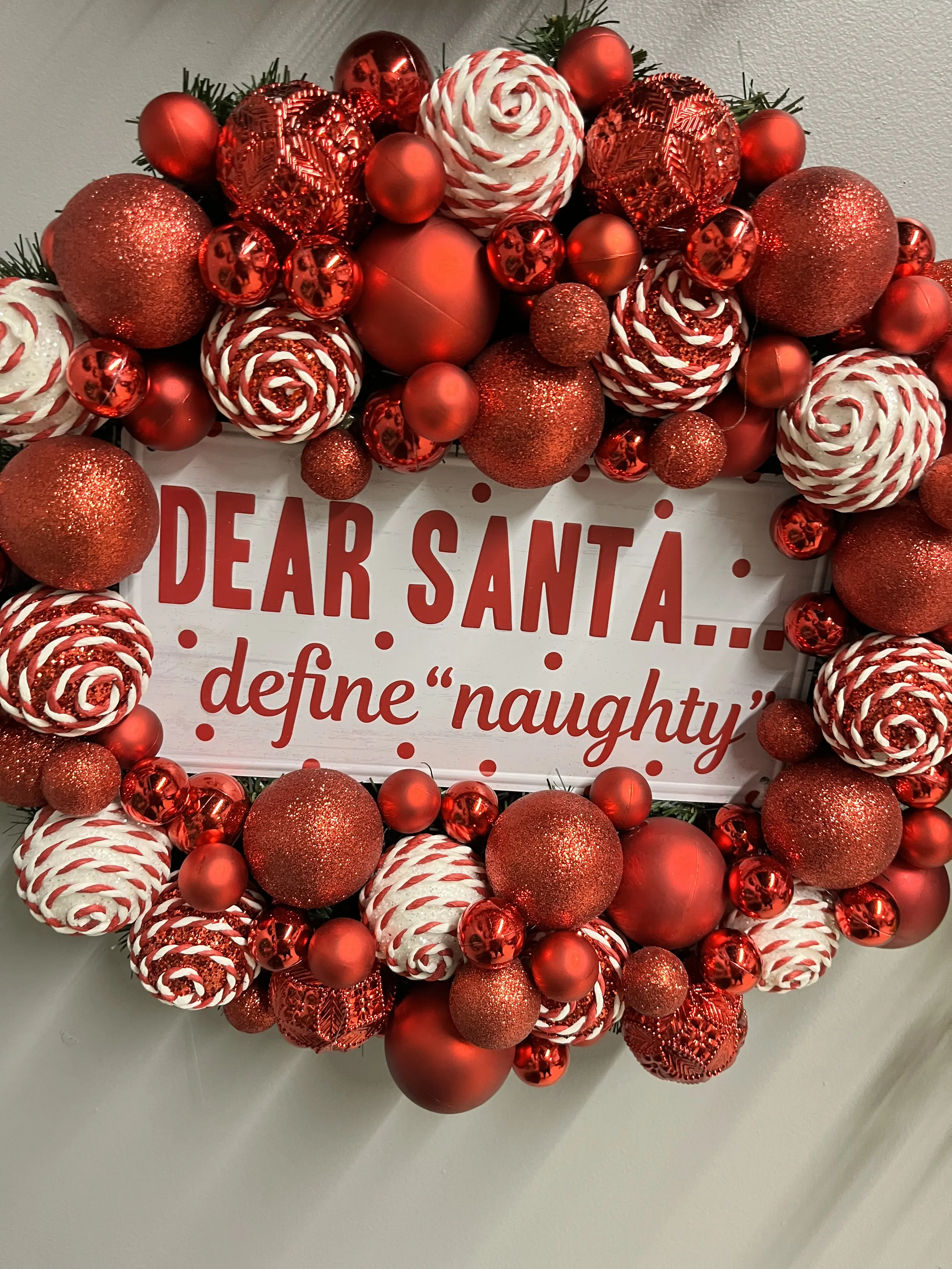 Red and White Ornament Christmas Wreath with "Dear Santa" Sign 20 Inch Metal Sign for Indoor Outdoor Decor
