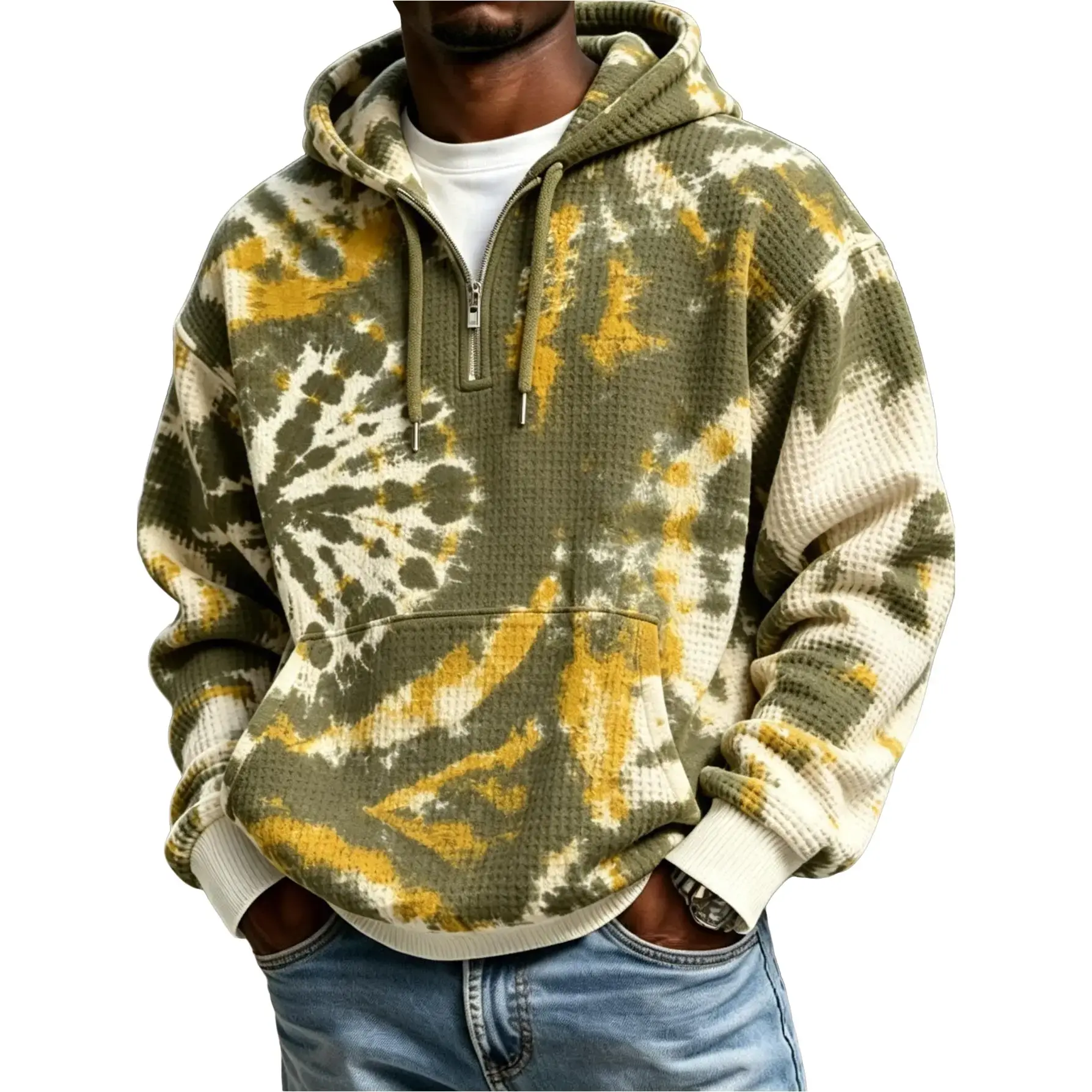 Men's half-zip hoodie, olive green and yellow spiral tie-dye all-over print drawstring pullover sweatshirt, casual urban street-style long-sleeve kangaroo pocket hoodie Menswear Tops