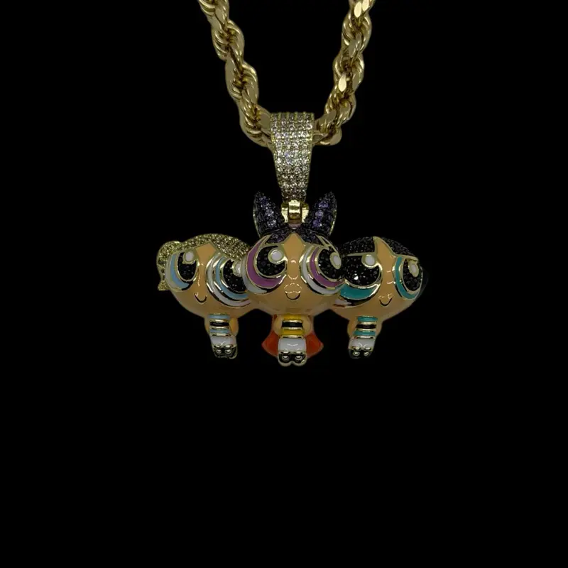 14K Gold Plated Iced Out Enamel Powerpuff Girls Pendant