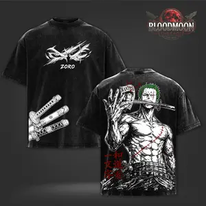 Zoro - OP Three Sword Style Vintage Washed Oversized Heavyweight Cotton Graphic T-Shirt Double Print Anime Streetwear Unisex Manga Tee