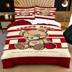 Retro Grunge Style Cute Teddy Bear Duvet Cover Set, Soft Bedding Set, 1 Duvet Cover with 1/2 Pillowcases, All-Season Bedding for Bedroom, Dorm & Guest Room, Decor for Teens & Boys