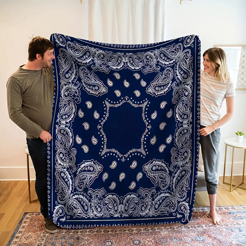1 Piece Flannel Cozy Blanket - Blue and White Paisley Jacquard Printed, Anti-Pilling, Durable, All-Season, Soft, Machine Washable, for Bed, Sofa
