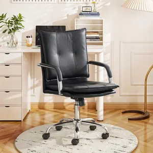 MOJAY Faux Leather Home Office Desk Chair, Mid-Century Inspired Adjustable Swivel Comfy Upholstered Executive Desk Chair with Gold Legs and Armrests Ergonomic Sit Stand