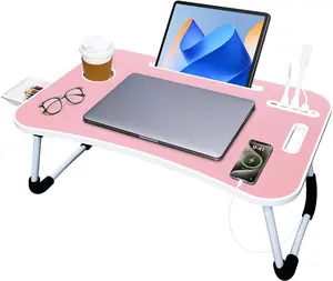 Multifunctional Foldable Lap Desk with 4 USB Ports | Cooling Fan, LED Light, Cup Holder & Storage Drawer | Perfect for Bed Sofa Floor Home Office Use