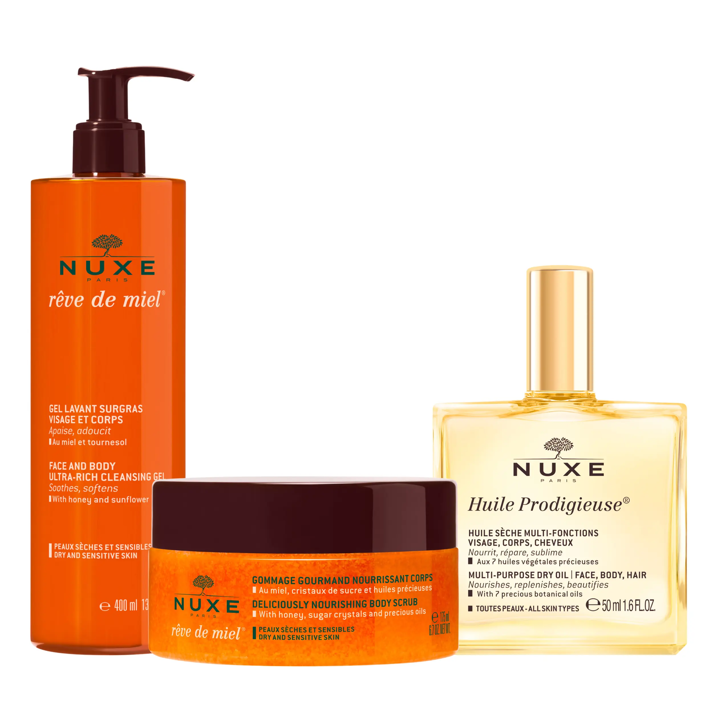 NUXE Reve de Miel Honey Body Care Set, Body Wash, Scrub & Dry Oil