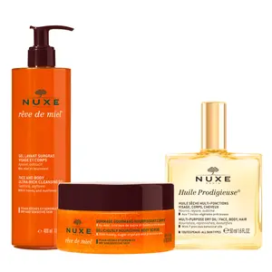 NUXE Honey Glow Skincare Routine Set – Body Care Ritual Set - Cleansing Gel, Body Scrub & Dry Oil Lightweight Moisturize Body Care  Hydrate Moisturizing Nourishing