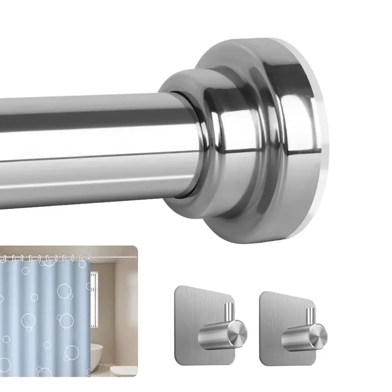 Adjustable Stainless Steel Shower Curtain Rod 31–80" with 2 Hooks – Telescoping Tension Rod, No-Drill, Bathroom Curtain Rod, Wall-Mount-Free, Rust-Resistant, Easy Install