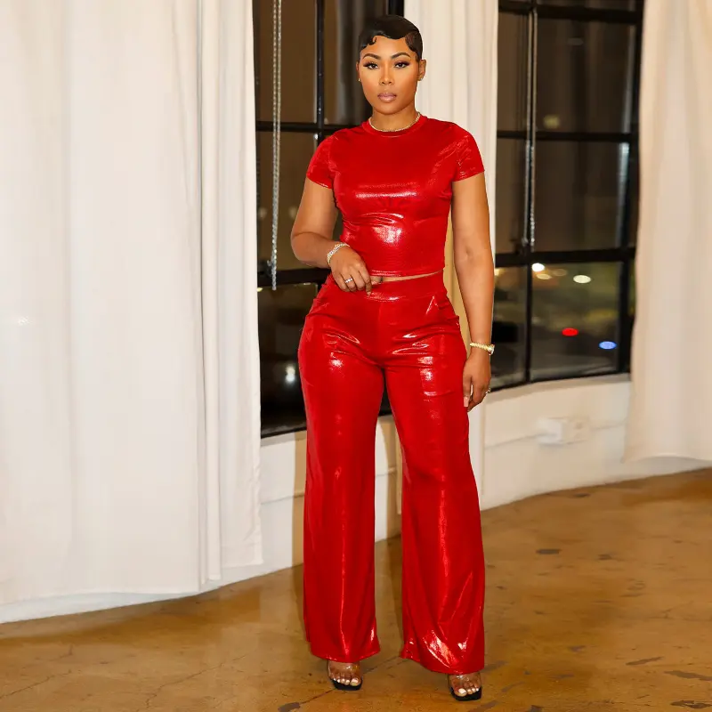 Summer Spring Fashion Women's Red O-Neck T-Shirt & Wide Leg Pants 2025 New Two-Piece Sets Casual Chic Everyday Wear Tracksuit Trouser Basic Clothes Womenswear Check Fit Outfit Minimalist Style Gamis Light Shortsleeve