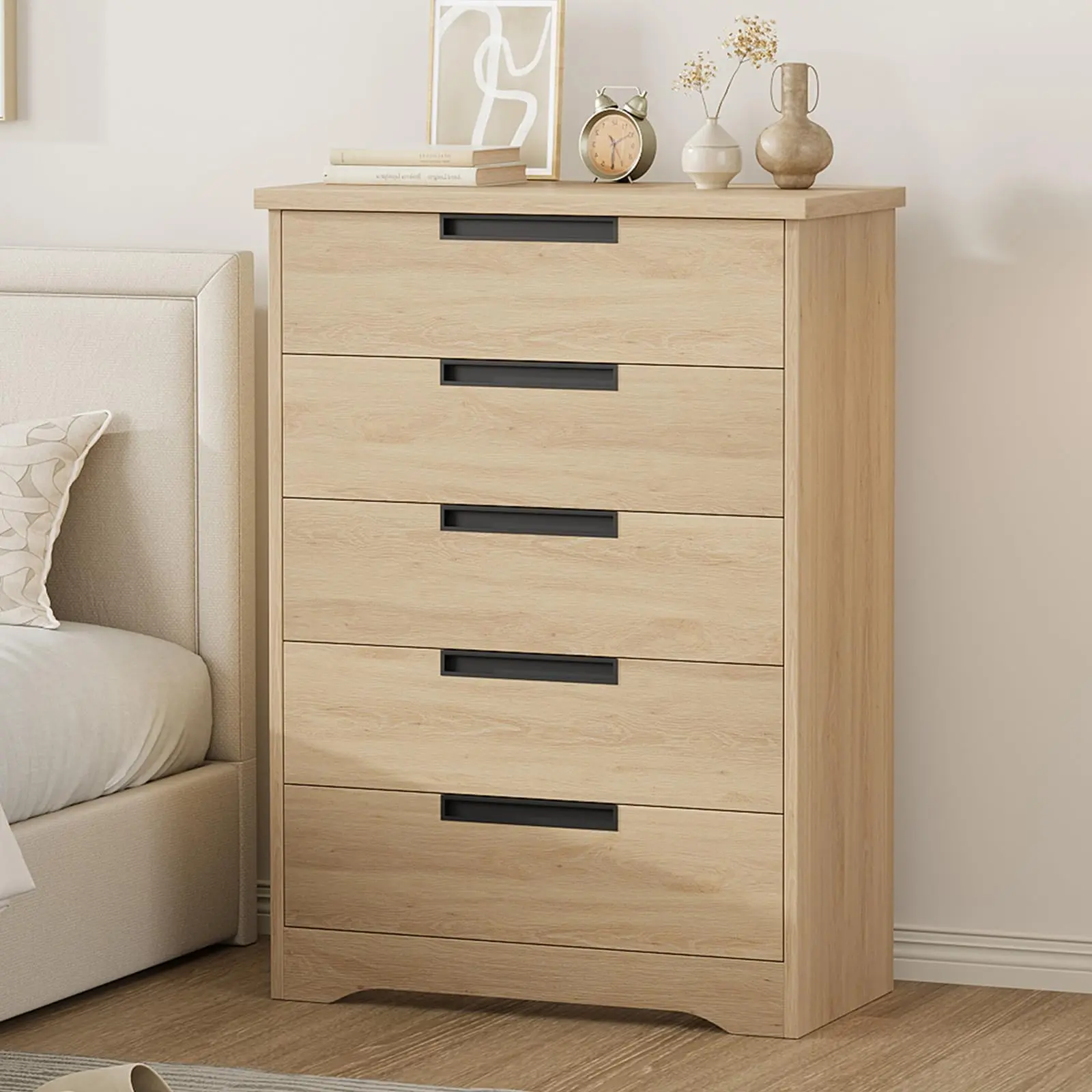 Garvee With Vertical 5-Drawer Chest Made of MDF+PB in Natural Wood Color - Rolling Cabinet, With Drawers, Desk Pedestal, Shelf With Drawers, and Craft Cabinet.