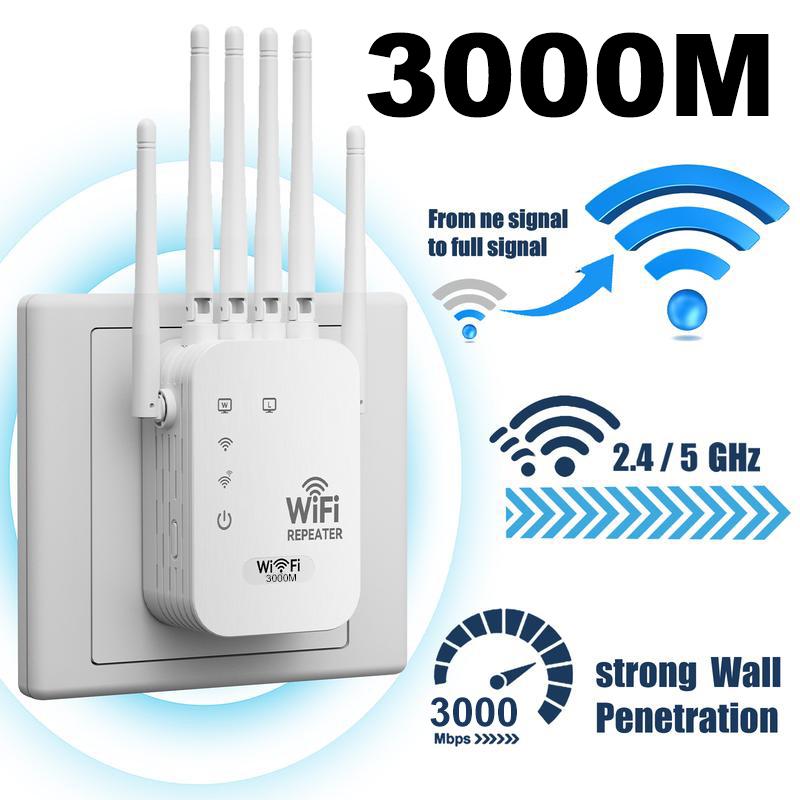 WiFi Extender 2026 6-Antenna 3000Mbps Dual Band 5GHz/2.4GHz Booster Covers 48000 sq ft 30 Devices Repeater Gigabit Port Al Connectivity Ideal for Home Studios Remote Workspaces VR Areas