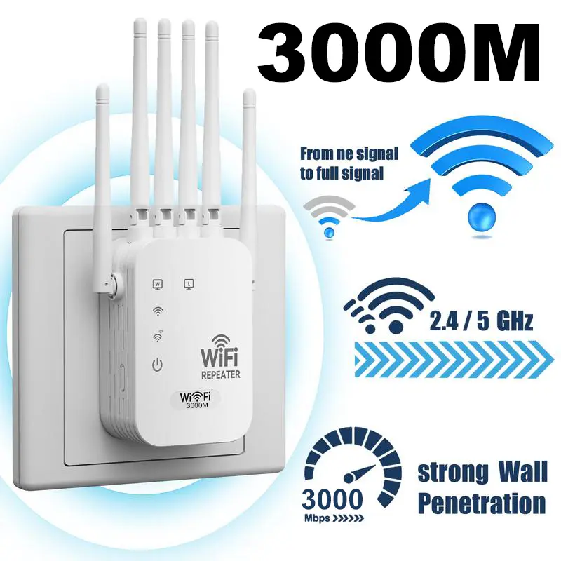 WiFi Extender 2026 6-Antenna 3000Mbps Dual Band 5GHz/2.4GHz Booster Covers 48000 sq ft 30 Devices Repeater Gigabit Port Al Connectivity Ideal for Home Studios Remote Workspaces VR Areas