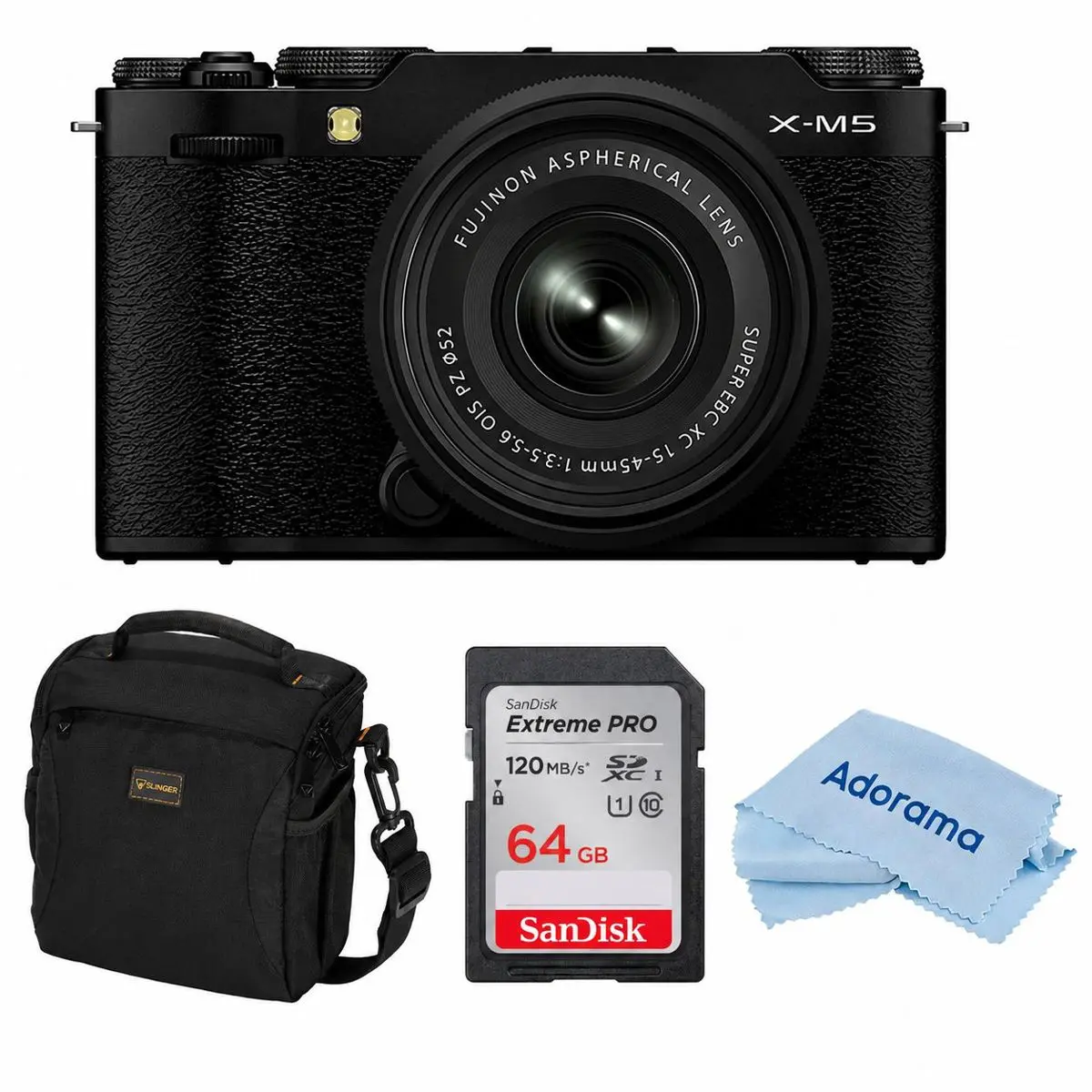 Fujifilm X-M5 Mirrorless Camera with XC 15-45mm f/3.5-5.6 OIS PZ Lens, Black, Bundle with 64GB Memory Card, Camera Case