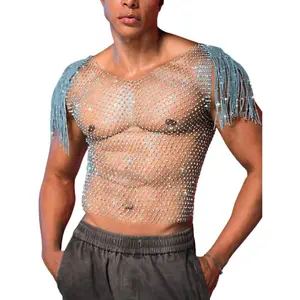 EHSUYAB Men Sexy Fringe Cap Sleeve Sparkly Rhinestone Mesh Top, See Through Fishnet Shirt Tank Tops, Concert Club Rave Outfit