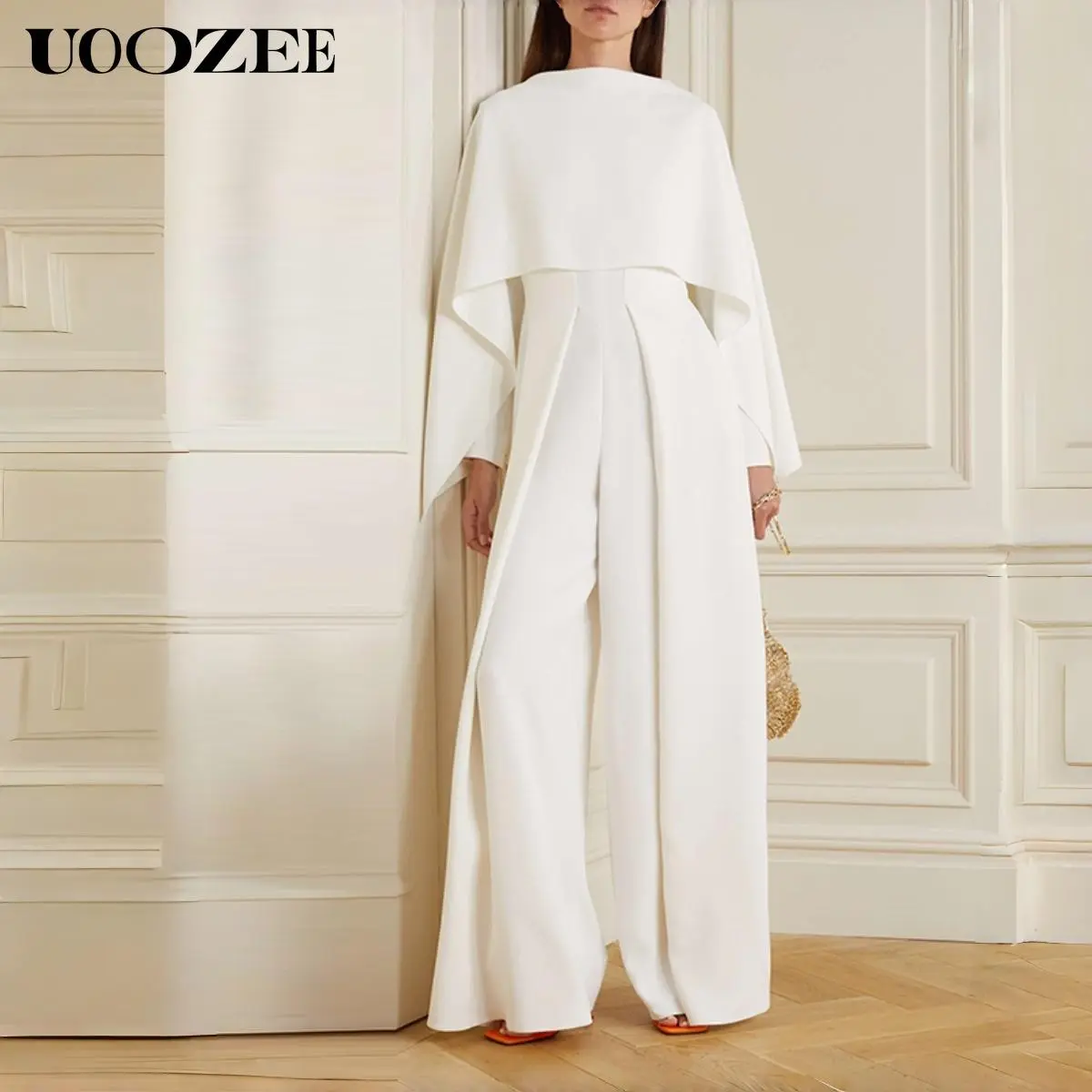 Women's Elegant White Jumpsuit, Polished Stand-Up Collar Pantsuit with Batwing Shawl Sleeves, Cinched Waist & Wide Leg for Banquets, Covered Bust Jumpsuit, Jumpsuits For Women