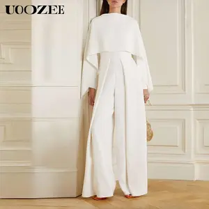 UOOZEE Women's Elegant Spring High-End White Covered Bust Jumpsuit - Batwing Shawl, Stand-Up Collar, Waist-Cinching Wide Leg Overalls for Banquet Attendees