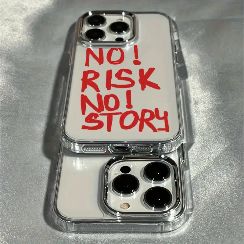 Mood In Case catalog image of a clear-looking phone case with large red No Risk No Story lettering