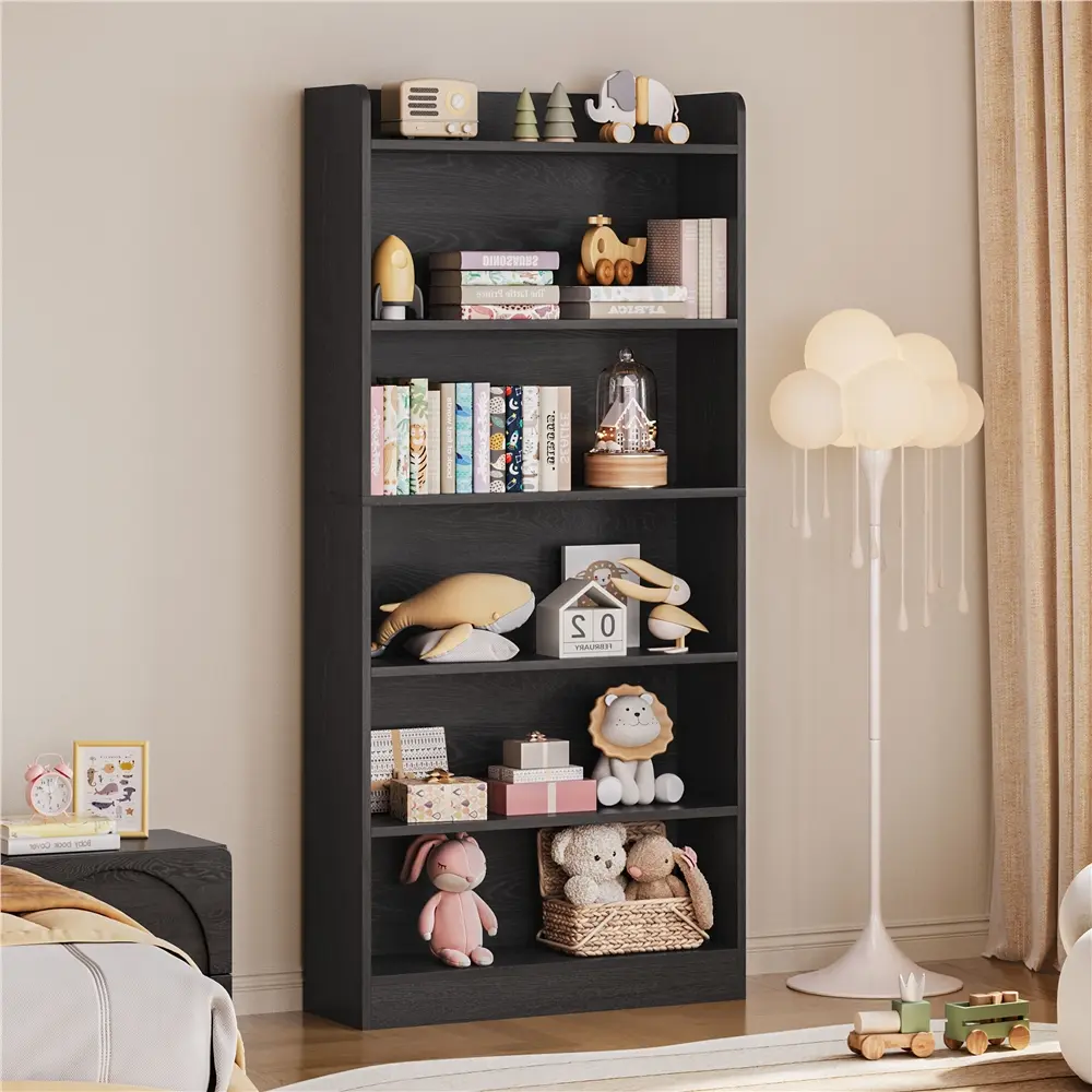 Costoffs 6-Layer Veneer Wood Bookshelf - Adjustable Open Shelves, Open Top, Raised Base, 132.3 lb Capacity, 35.9 lb Weight, 24″ L × 9.5″ W × 63″ H, Office Furniture for Study, Room Storage for Books