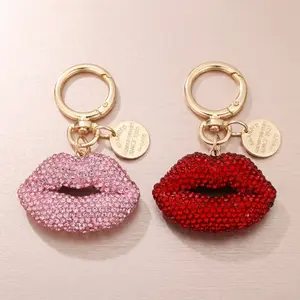 Sparkly Crystal Lip Locket Keychain - Handmade Diamond Bag Charm & Car Key Holder - Bling Pink & Red Kiss Purse Pendant - Cute Sentimental Gift Idea for Women, Girls, Kids
