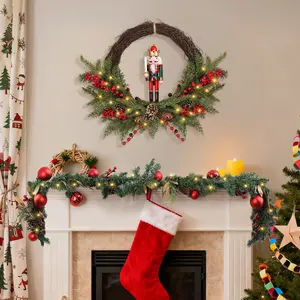 24" Christmas Nutcracker Berry Wreath with 30 LED Lights, Battery Operated for Indoor Outdoor Door Holiday Decor