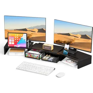 Dual  Stand Riser with 2 Drawer and Smartphone Holder Wooden Desk Organizer, Adjustable Length & Angle Workspace Organizers for 3 Monitors Laptop Printer , Black
