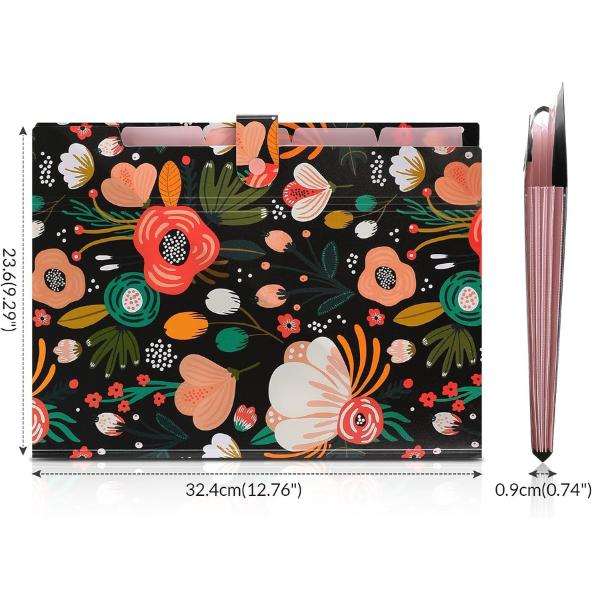 Expanding File Folder with 5 Pockets, Floral Accordion File Organizer for Important Document，Portable Receipt Paper Organizer，School Office Supplies Black