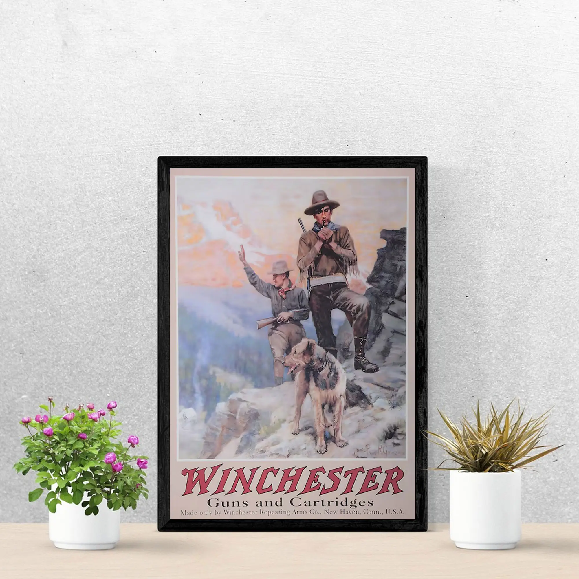 Winchester Cartridges Vintage Poster, Retro Hunters & Hunting Dog Mountain Art Print, Rustic Basement & Man Cave Decor