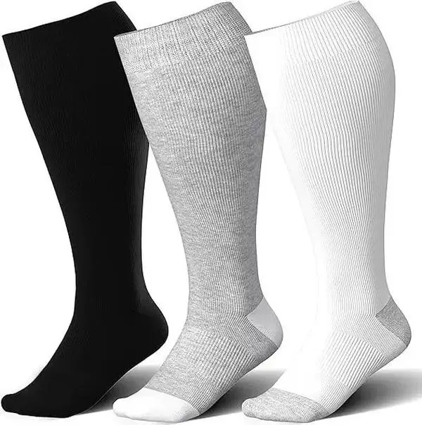 Plus-Size Wide Calf High Elastic Compression Sports Socks - 3-Pair Pack, Black/White/Grey, for Active Individuals