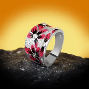 Enamel Flower Ring for Women Red & Black Floral Design Micro Inlaid Zircon Elegant Metal Coating Fashion Jewelry