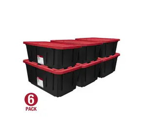 Set of 6 - 27 Gallon Large Storage Bin with Snap Lid, Black and Red, Heavy Duty Plastic Storage Container
