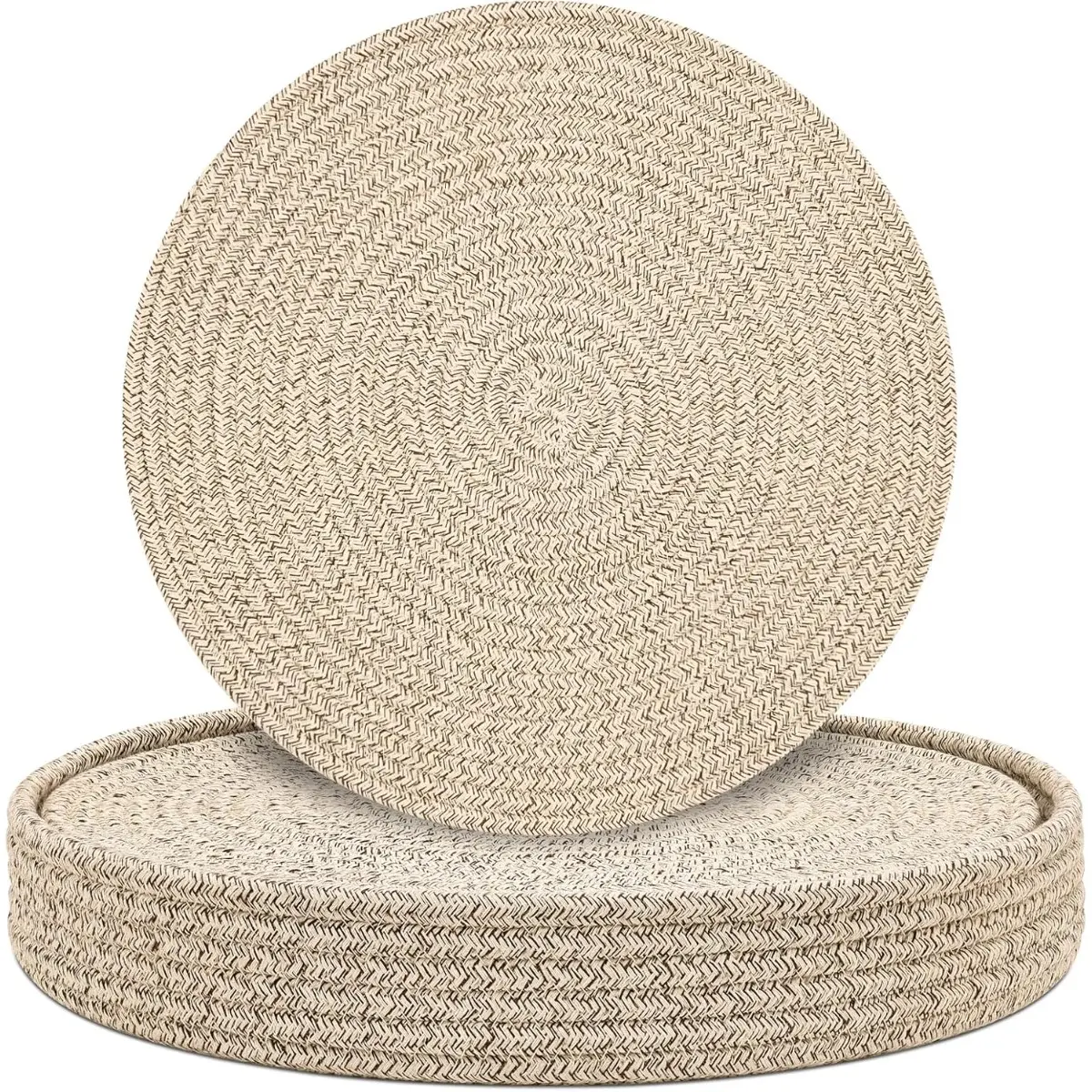 Woven Cotton Rope Circular Placemats & Hot Pads Set (6 Pieces with Holder), 13 in Heat-Resistant Washable Farmhouse Home Decor Kitchen Table Mats
